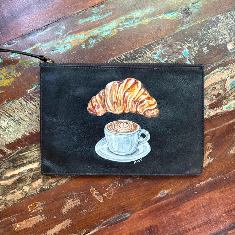 Madewell Black Leather Wallet Pouch with hand painted Croissant and Coffee